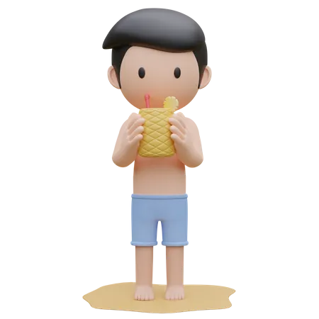 Cute boy holding the pineapple on the beach in summer 3D Illustration