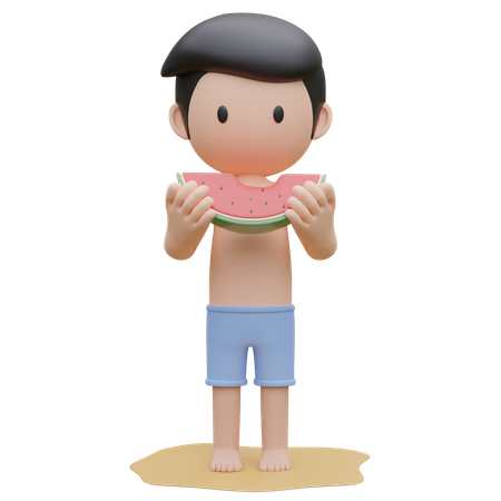 Cute boy holding watermelon on the beach in summer  3D Illustration