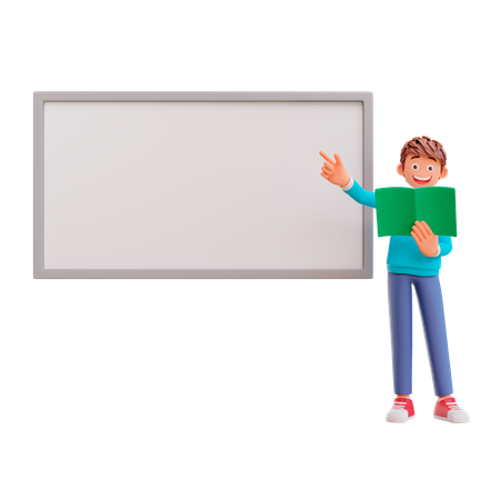 Cute boy pointing at whiteboard  3D Illustration