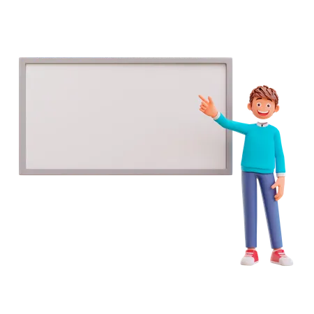 Cute boy pointing at whiteboard  3D Illustration