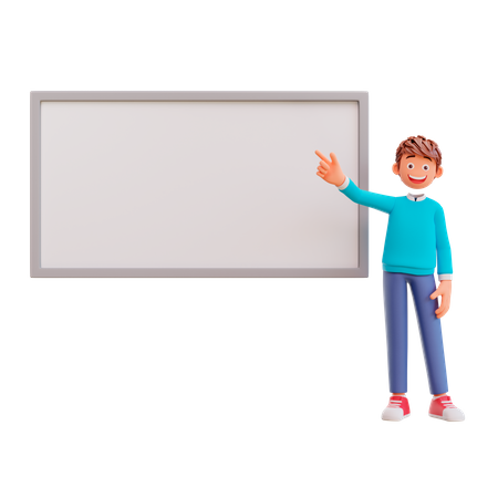 Cute boy pointing at whiteboard 3D Illustration