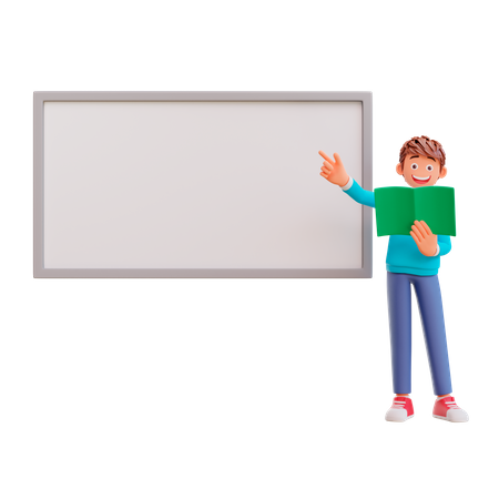 Cute boy pointing at whiteboard 3D Illustration