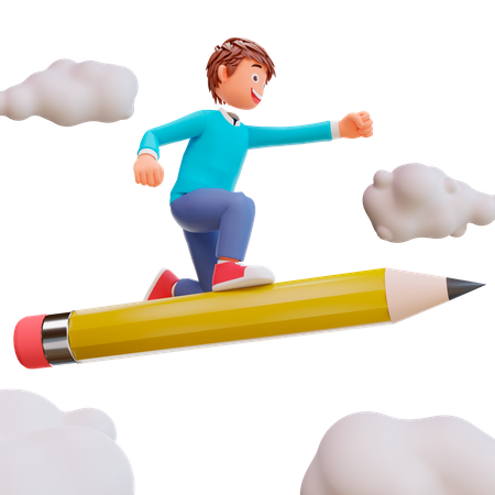 Cute boy ride a pencil  3D Illustration