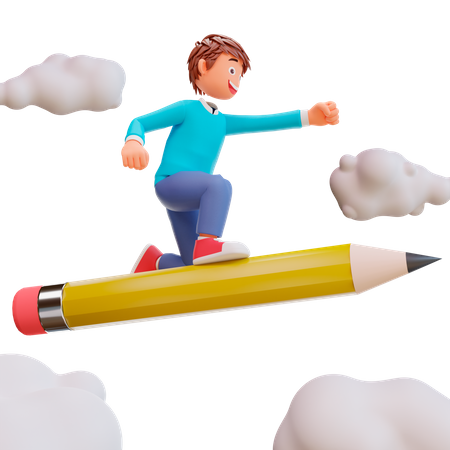 Cute boy ride a pencil 3D Illustration