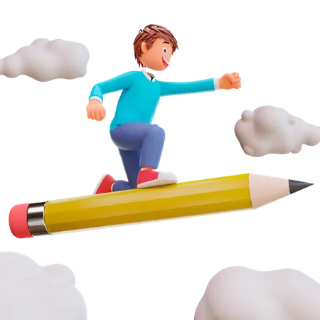 Cute boy ride a pencil 3D Illustration