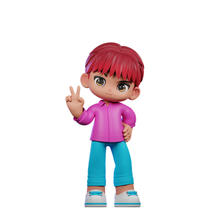 Cute Boy Showing Peace Sign  3D Illustration