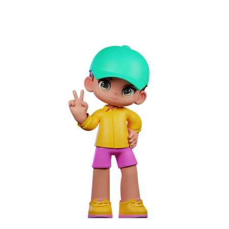 Cute Boy Showing Peace Sign  3D Illustration