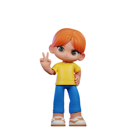 Cute Boy Showing Peace Sign  3D Illustration