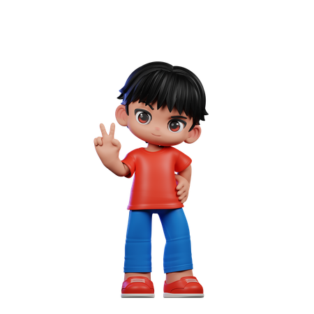 Cute Boy Showing Peace Sign  3D Illustration