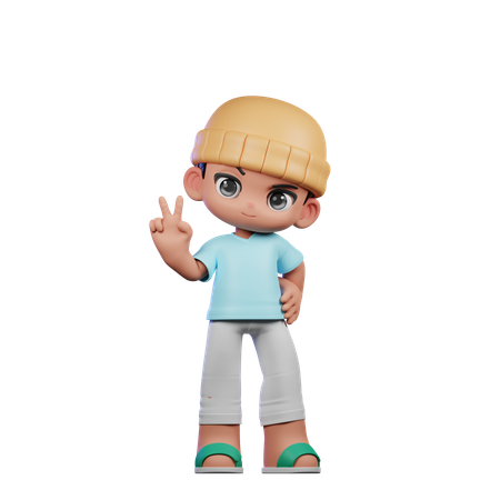 Cute Boy Showing Peace Sign Pose  3D Illustration