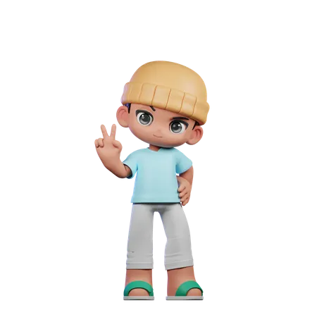 Cute Boy Showing Peace Sign Pose  3D Illustration