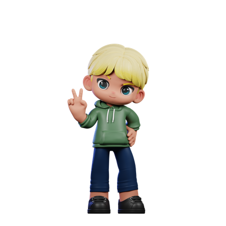 Cute Boy Showing Peace Sign Pose  3D Illustration