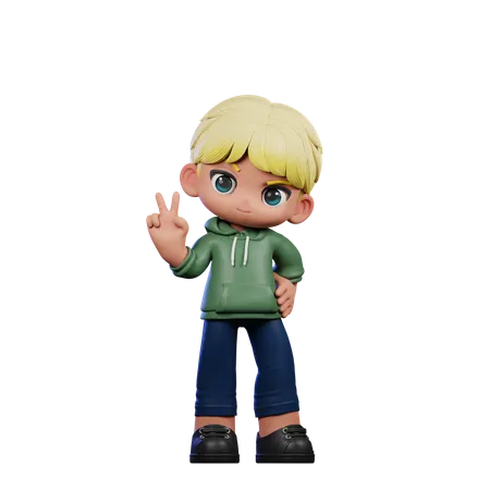 Cute Boy Showing Peace Sign Pose  3D Illustration