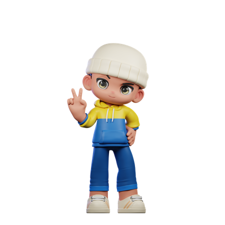 Cute Boy Showing Peace Sign Pose  3D Illustration