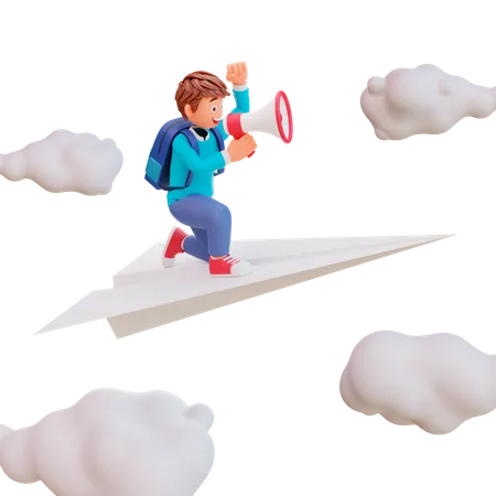 Cute boy sit on paper plane  3D Illustration