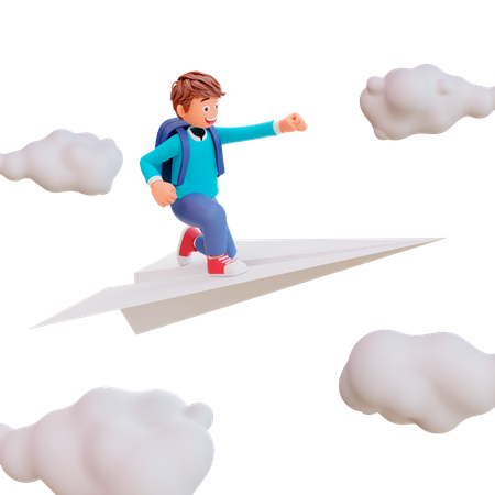 Cute boy sit on paper plane  3D Illustration