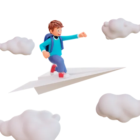 Cute boy sit on paper plane  3D Illustration