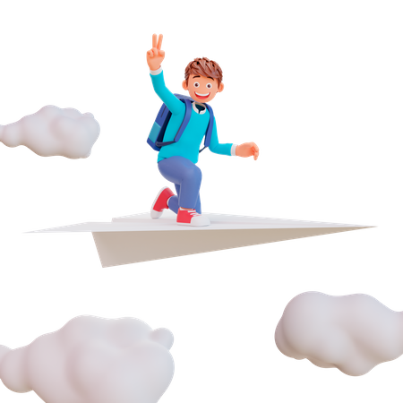 Cute boy sit on paper plane  3D Illustration