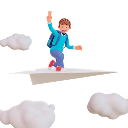 Cute boy sit on paper plane  3D Illustration