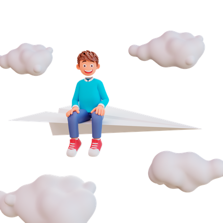 Cute boy sit on paper plane  3D Illustration