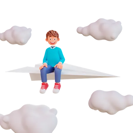 Cute boy sit on paper plane  3D Illustration