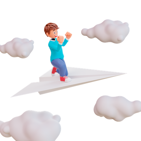 Cute boy sit on paper plane  3D Illustration