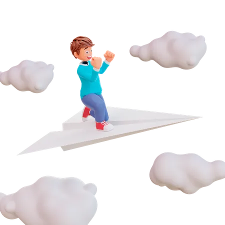 Cute boy sit on paper plane  3D Illustration