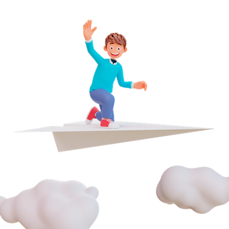 Cute boy sit on paper plane  3D Illustration