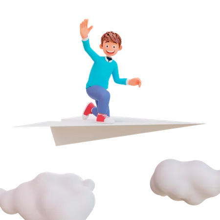 Cute boy sit on paper plane  3D Illustration