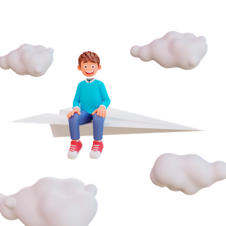 Cute boy sit on paper plane 3D Illustration