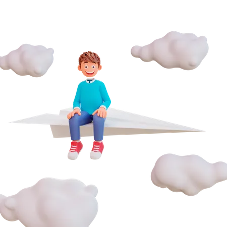 Cute boy sit on paper plane 3D Illustration