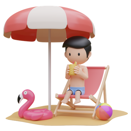 Cute boy sitting and relax on beach chair on the beach in summer  3D Icon