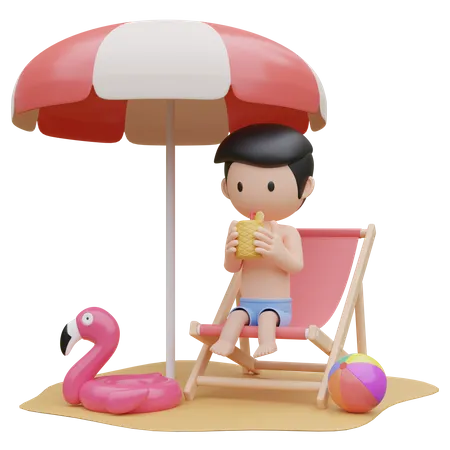 Cute boy sitting and relax on beach chair on the beach in summer  3D Illustration