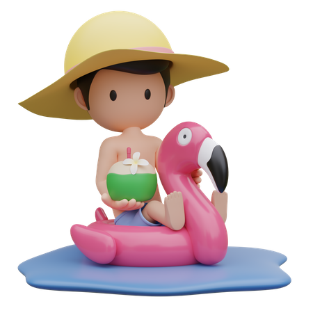 Cute boy sitting on Flamingo rubber ring in summer  3D Icon