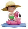 Cute boy sitting on Flamingo rubber ring in summer