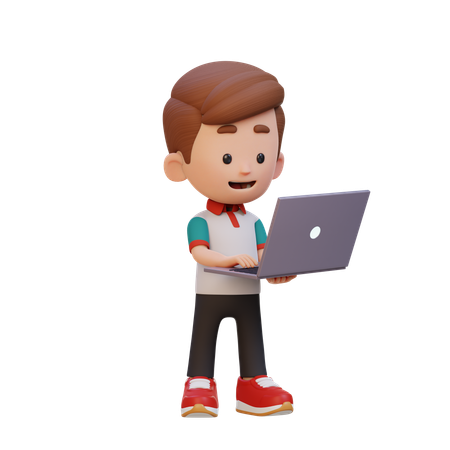 Cute Boy Standing And Working On Laptop  3D Icon