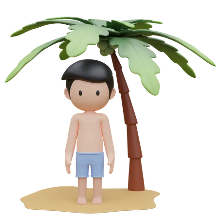 Cute boy standing on the beach in summer  3D Illustration