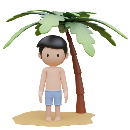 Cute boy standing on the beach in summer  3D Illustration
