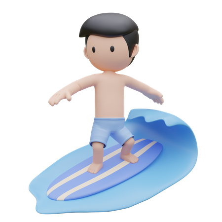 Cute boy surfing on surfboard on the sea in summer  3D Illustration