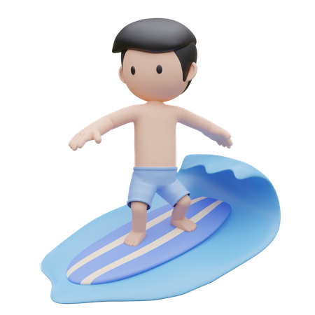 Cute boy surfing on surfboard on the sea in summer  3D Illustration