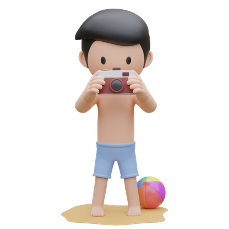 Cute boy taking a photo on the beach in summer  3D Illustration