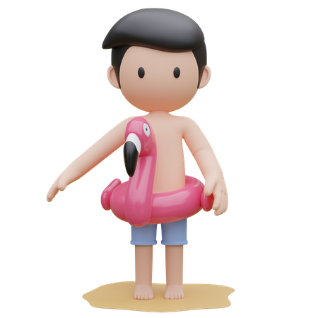 Cute boy wearing Flamingo rubber ring on the beach in summer  3D Illustration