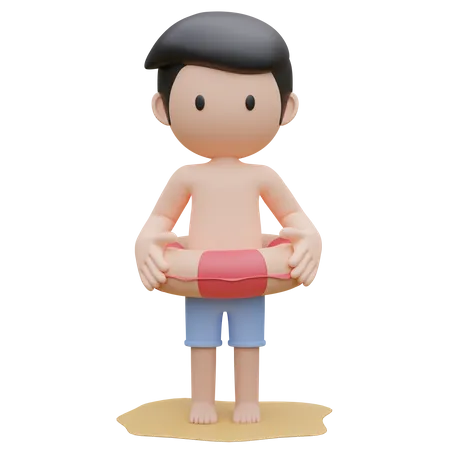 Cute boy wearing swim ring on the beach in summer  3D Illustration