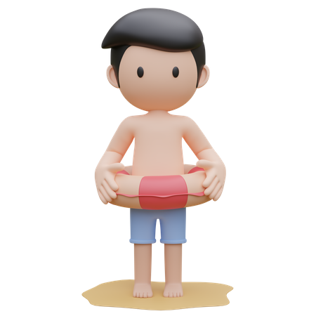 Cute boy wearing swim ring on the beach in summer  3D Illustration