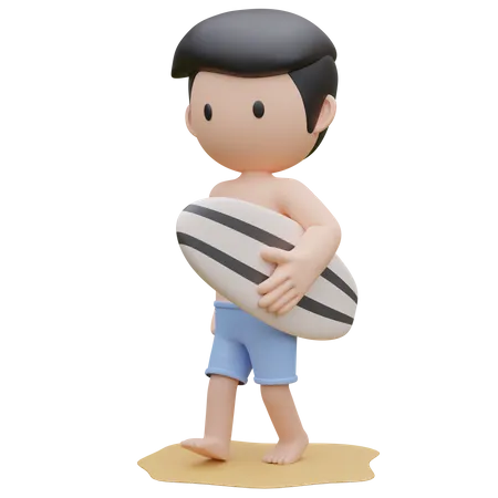 Cute boy with surfboard on the beach in summer  3D Illustration