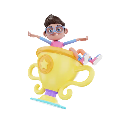 Cute Boy With Trophy  3D Illustration