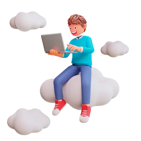 Cute Boy Working On Laptop  3D Illustration