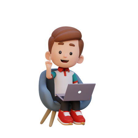 Cute Boy Working On Laptop While Pointing Up  3D Icon