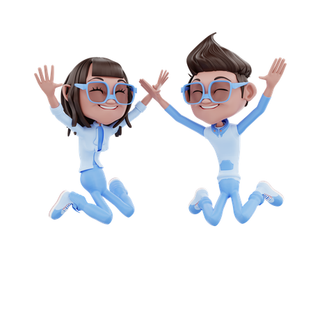 Cute Business Couple Jumping In The Air 3D Illustration