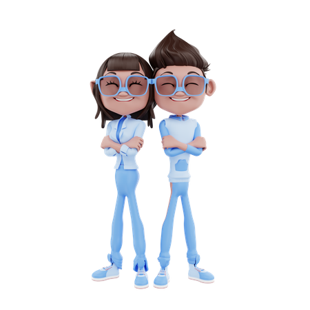 Cute Business Couple Standing With Crossed Arms  3D Icon
